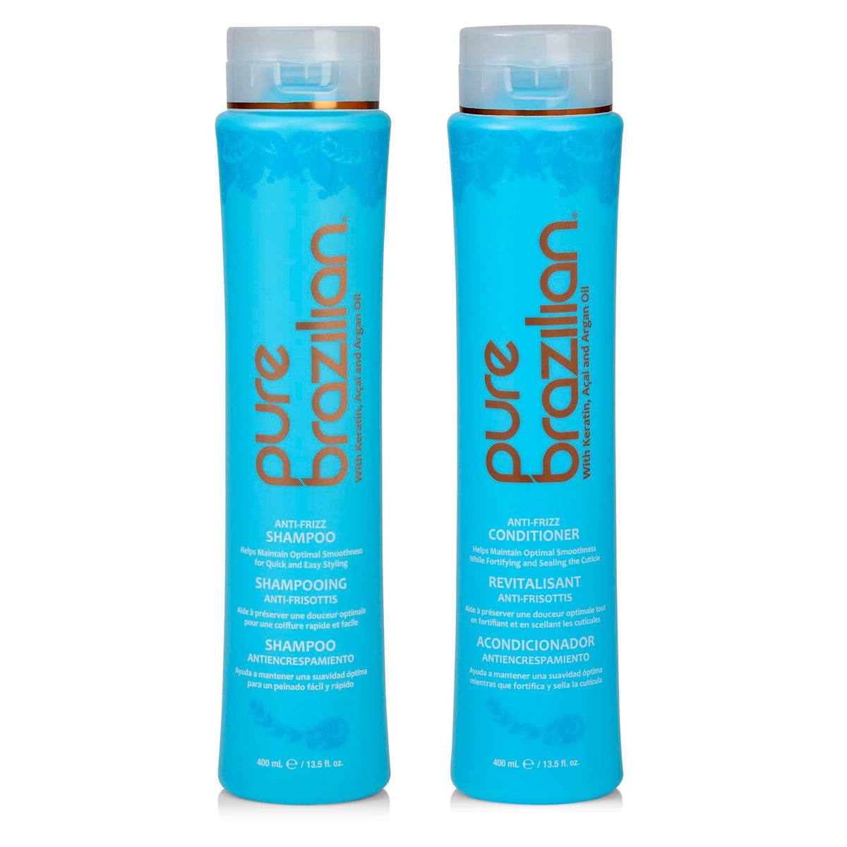 Pure Brazilian Anti-Frizz Daily Shampoo bottle showing moisture delivery and frizz control benefits