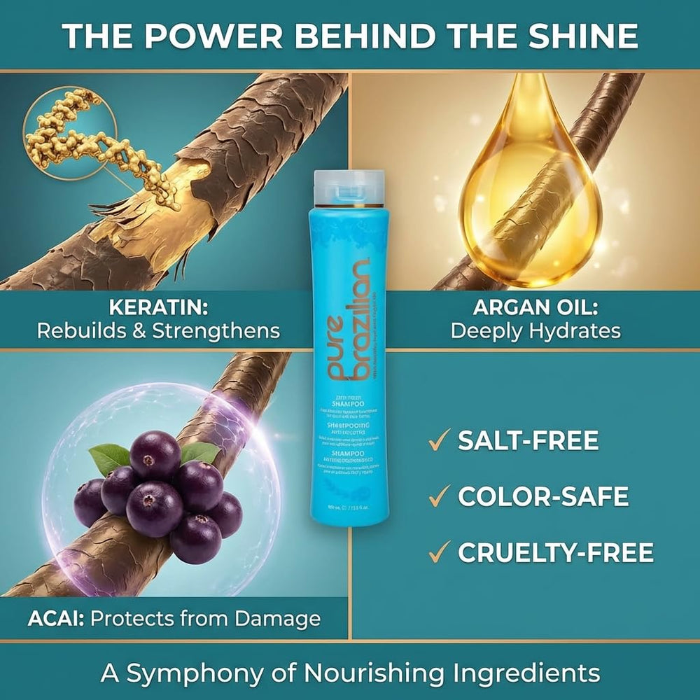 Shiny, nourished hair after washing with Pure Brazilian Anti-Frizz Daily Shampoo.