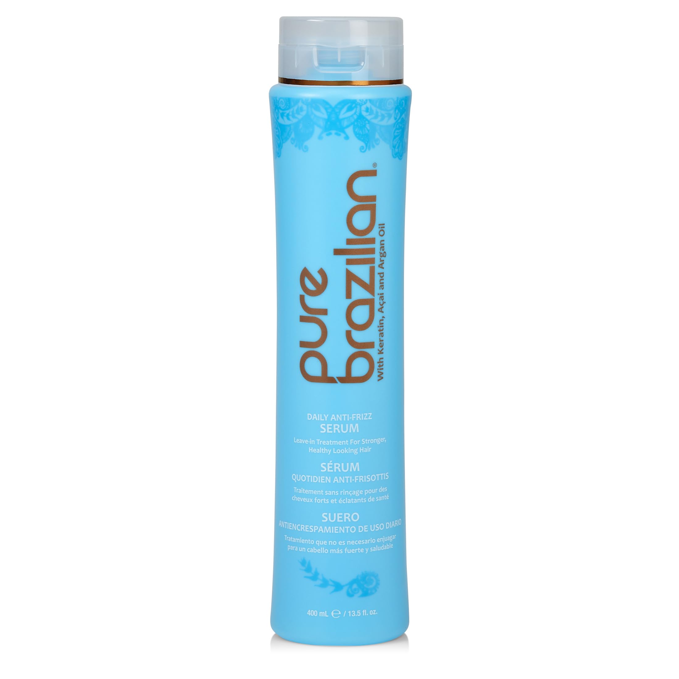 Pure Brazilian anti-frizz serum bottle with pump for daily frizz control.