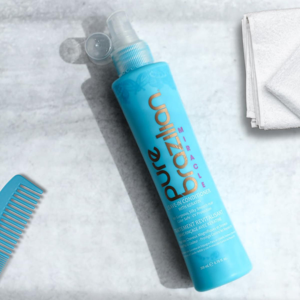 Demonstration of applying Pure Brazilian Leave-In Conditioner to towel-dried hair