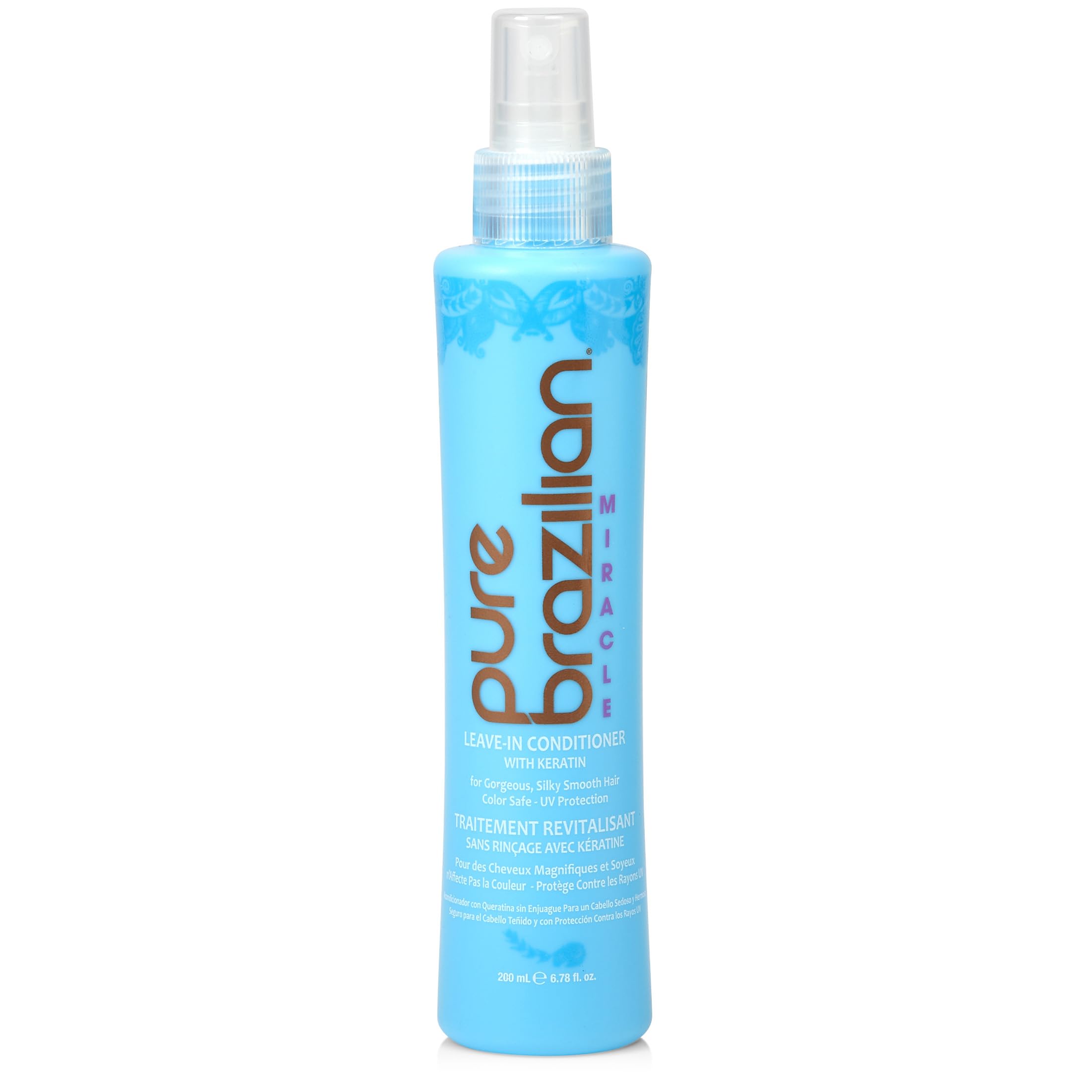 Pure Brazilian Leave-In Conditioner bottle demonstrating frizz control for smoother hair
