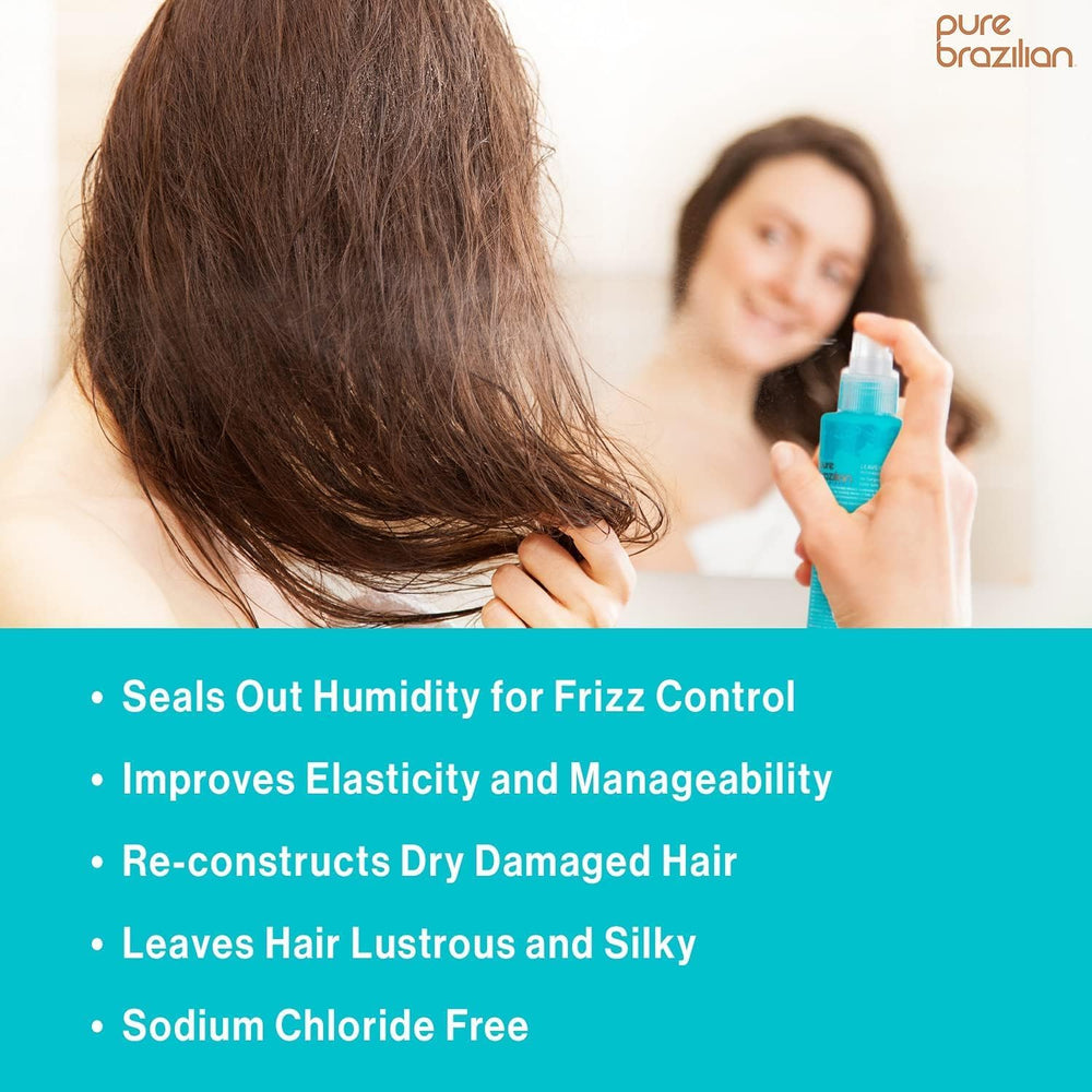 Pure Brazilian Leave-In Conditioner bottle on bathroom shelf for daily care