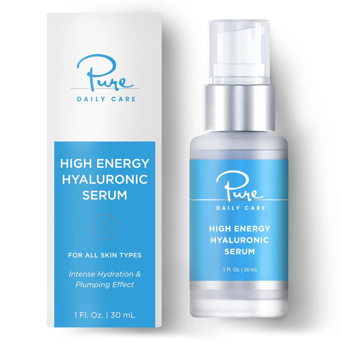 Pure Daily Care High Energy Hyaluronic Serum bottle ready to hydrate skin deeply.