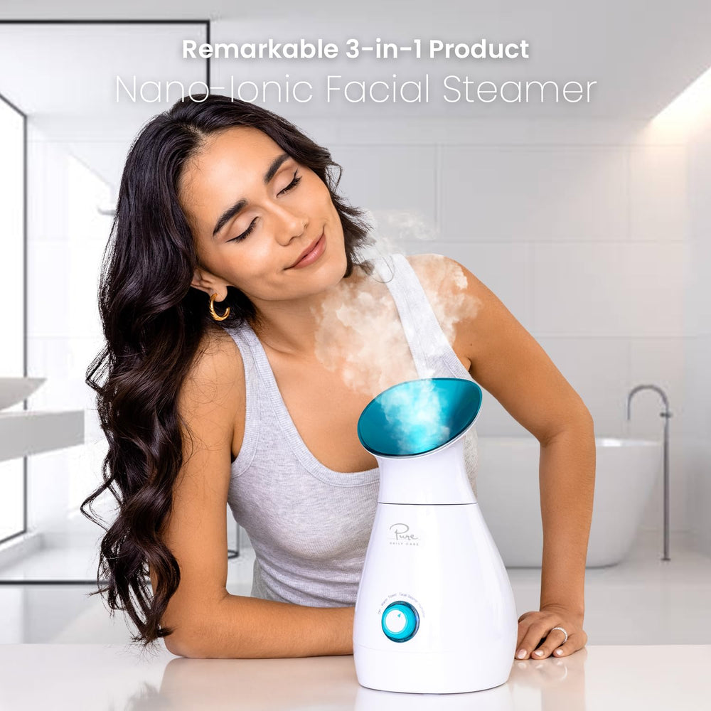 Pure Daily Care NanoSteamer skin kit with stainless steel tools for blemishes.