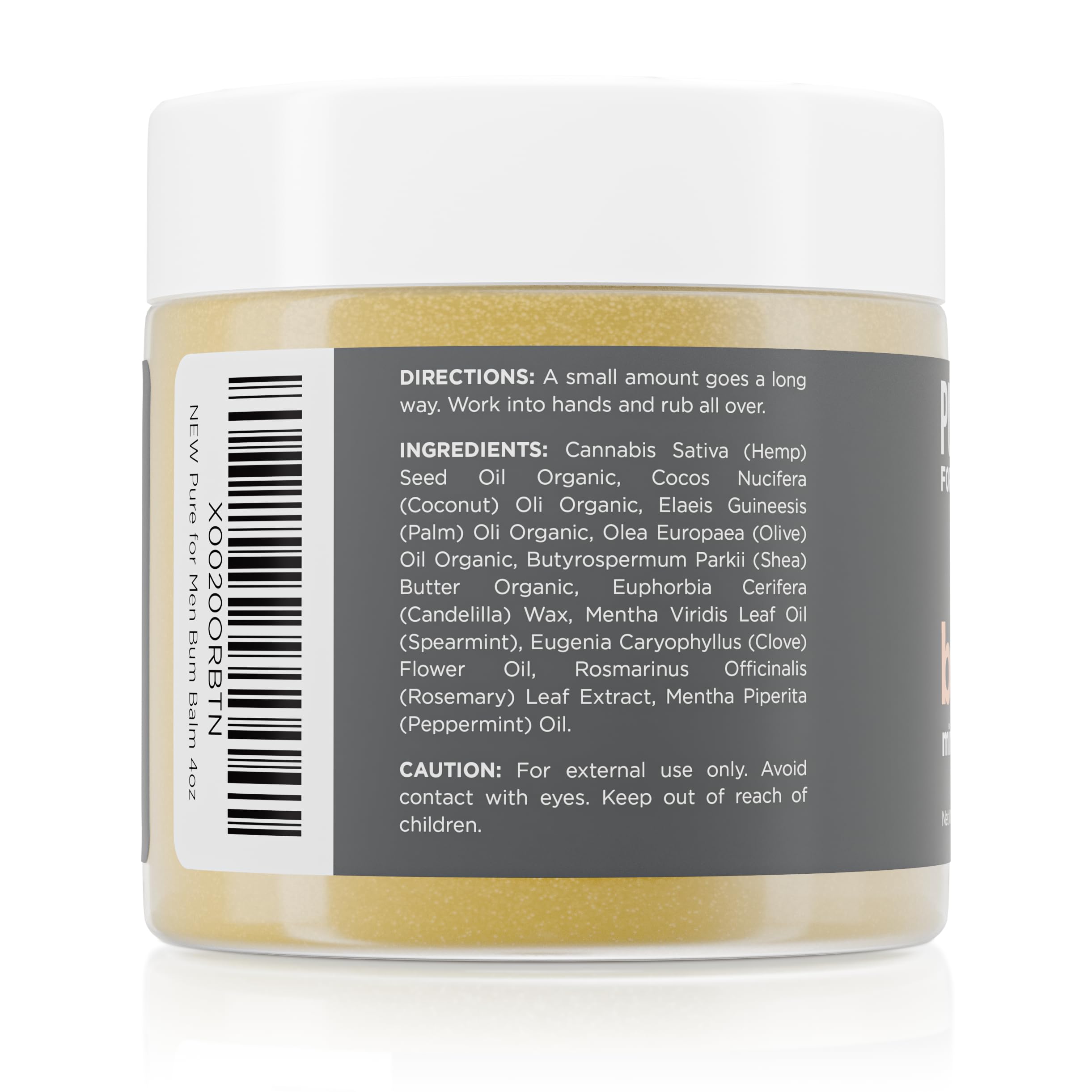 Pure for Men Bum Balm label detail emphasizes natural ingredients.