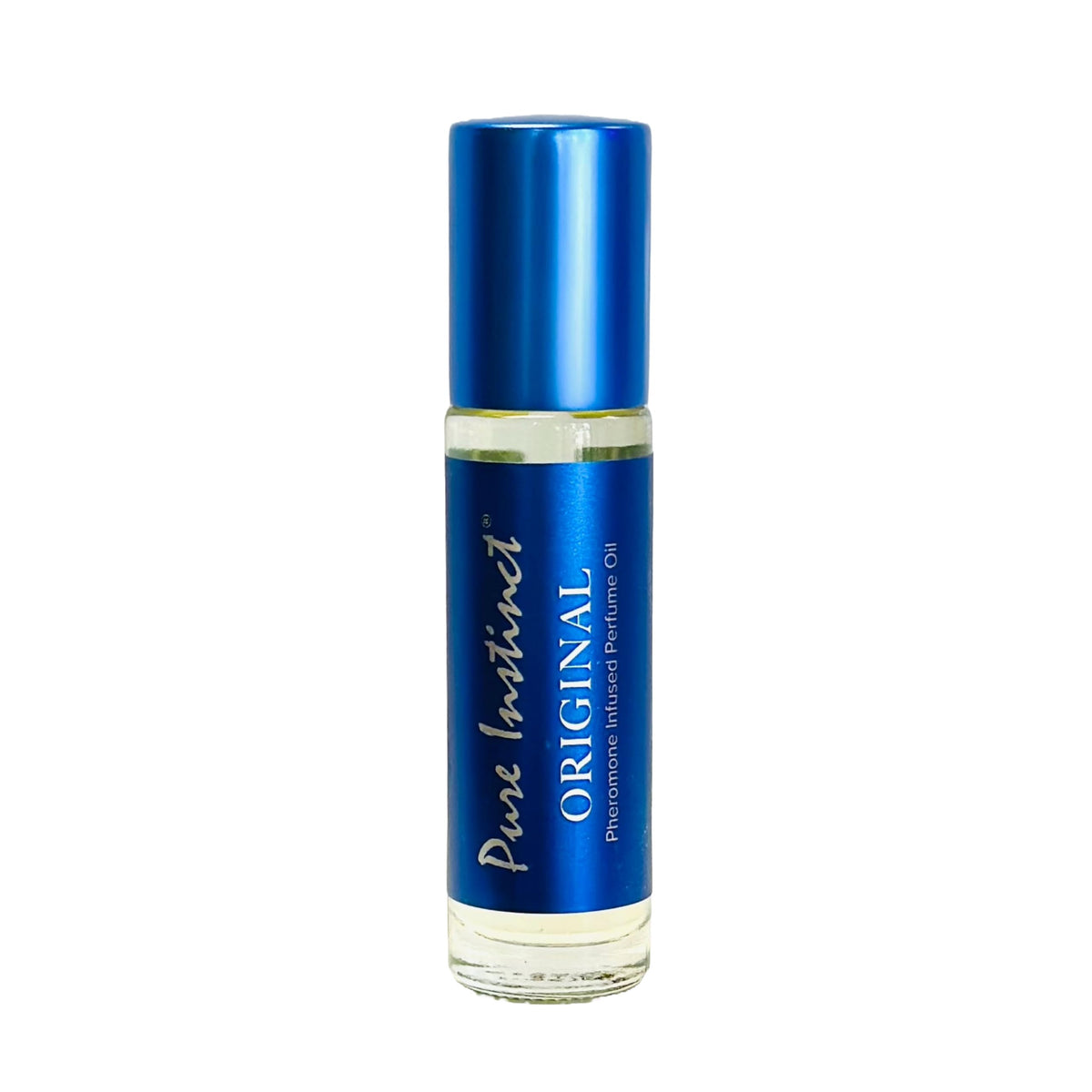 Pure Instinct bottle front shows the Original pheromone blend in a compact size