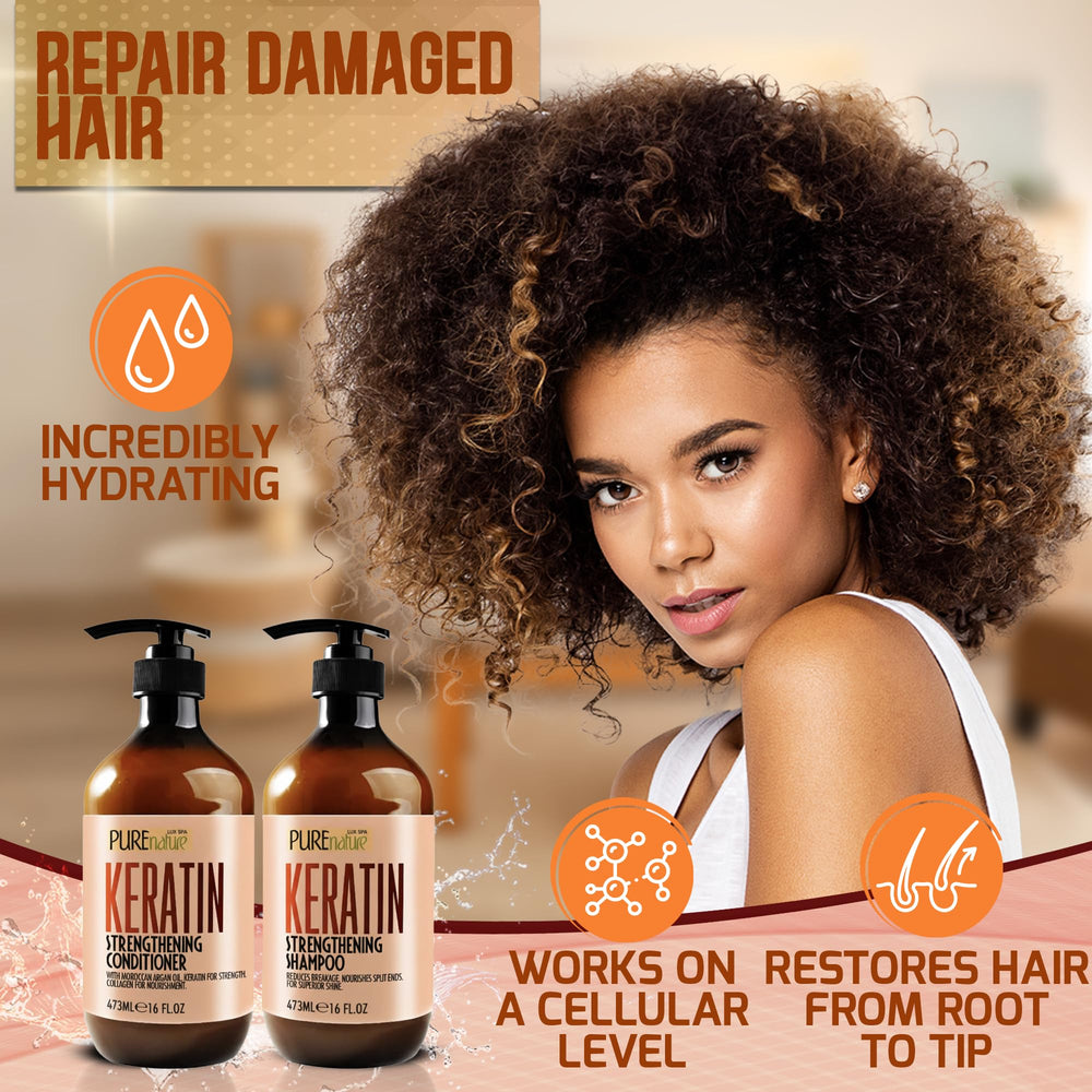 Anti-frizz formula visual on bottle aids manageable curls with Pure Nature Lux Spa.