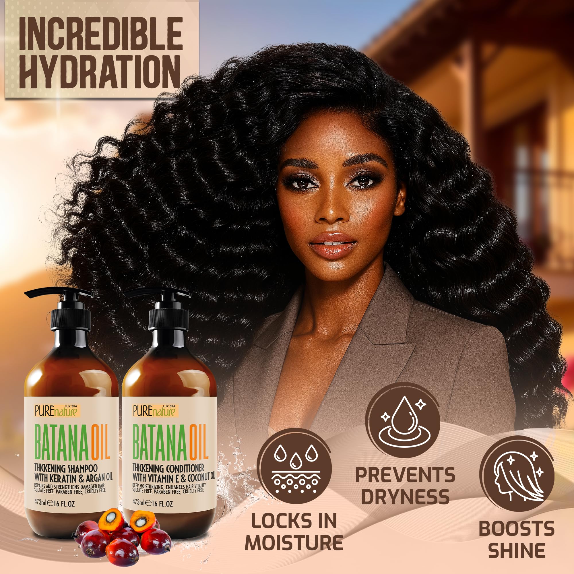 Pure Nature Lux Spa Batana Oil Conditioner close-up shows silky, smooth results