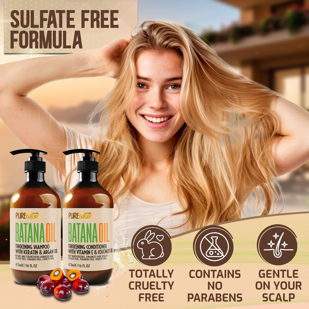 Pure Nature Lux Spa Batana Oil Conditioner tube on display emphasizing detangling moisture