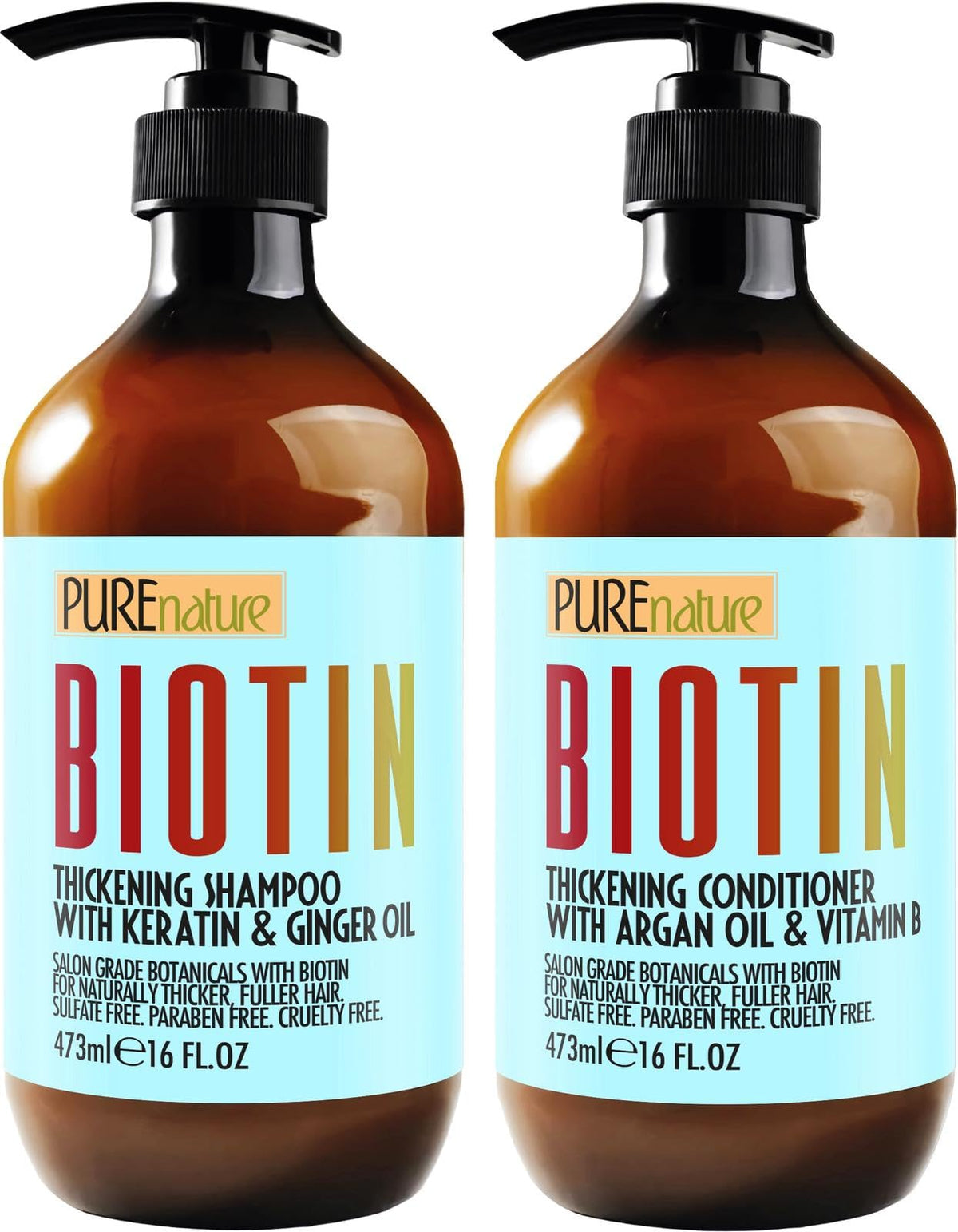 Pure Nature Lux Spa biotin shampoo bottle highlighting volume-boosting formula for thinning hair.