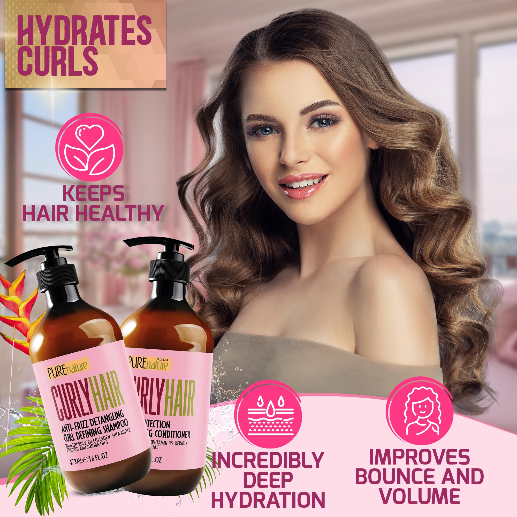 Pure Nature Lux Spa curly conditioner bottle delivering frizz control