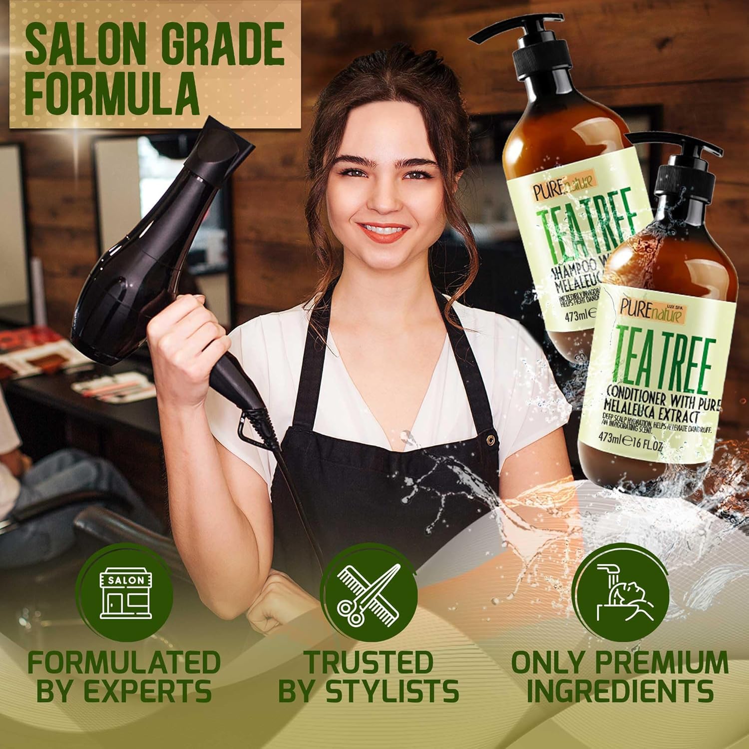 Pure Nature Lux Spa tea tree set on bathroom shelf communicates healthy routine.
