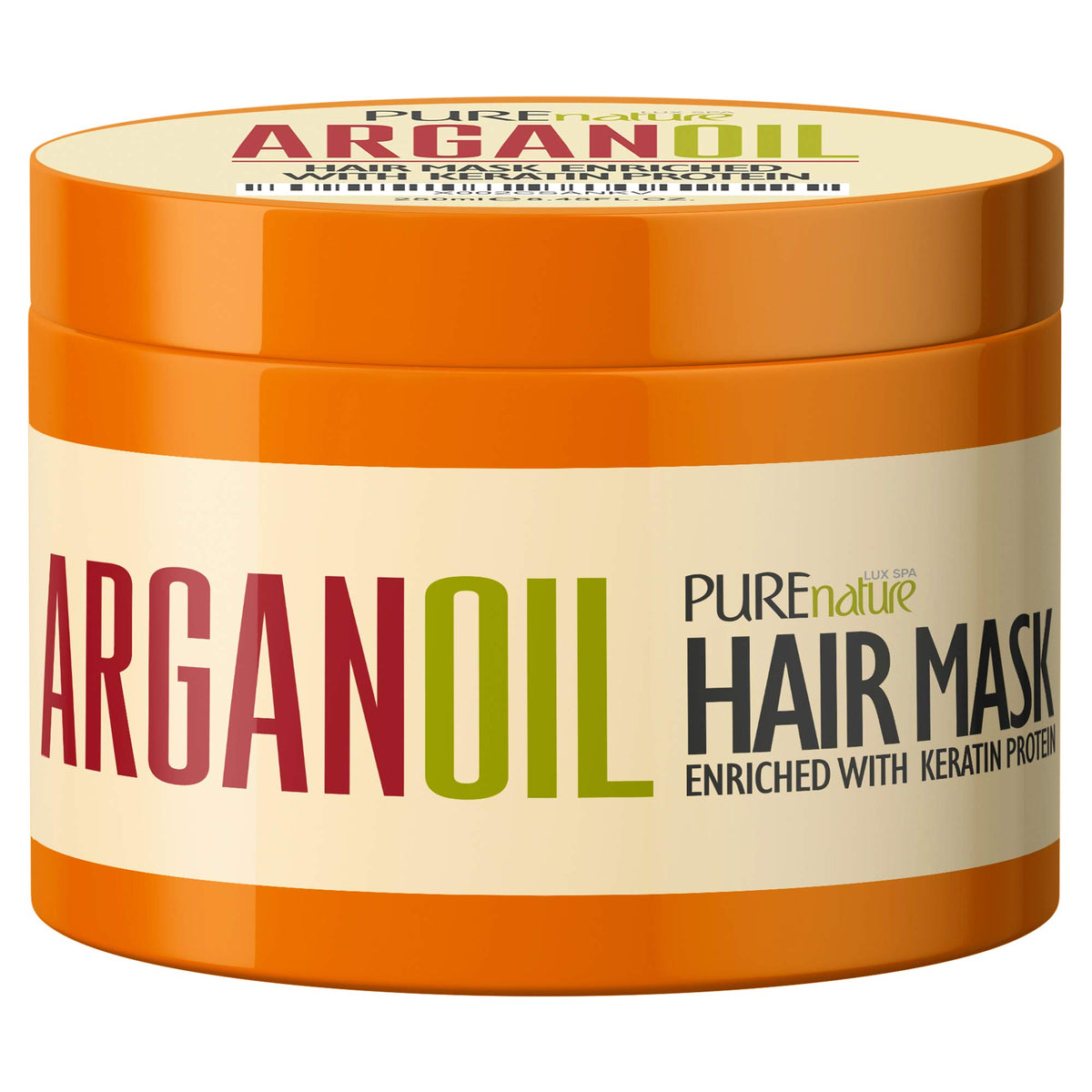 Mascarilla de argán Pure Nature Lux Spa en frasco, control del frizz y brillo suave.