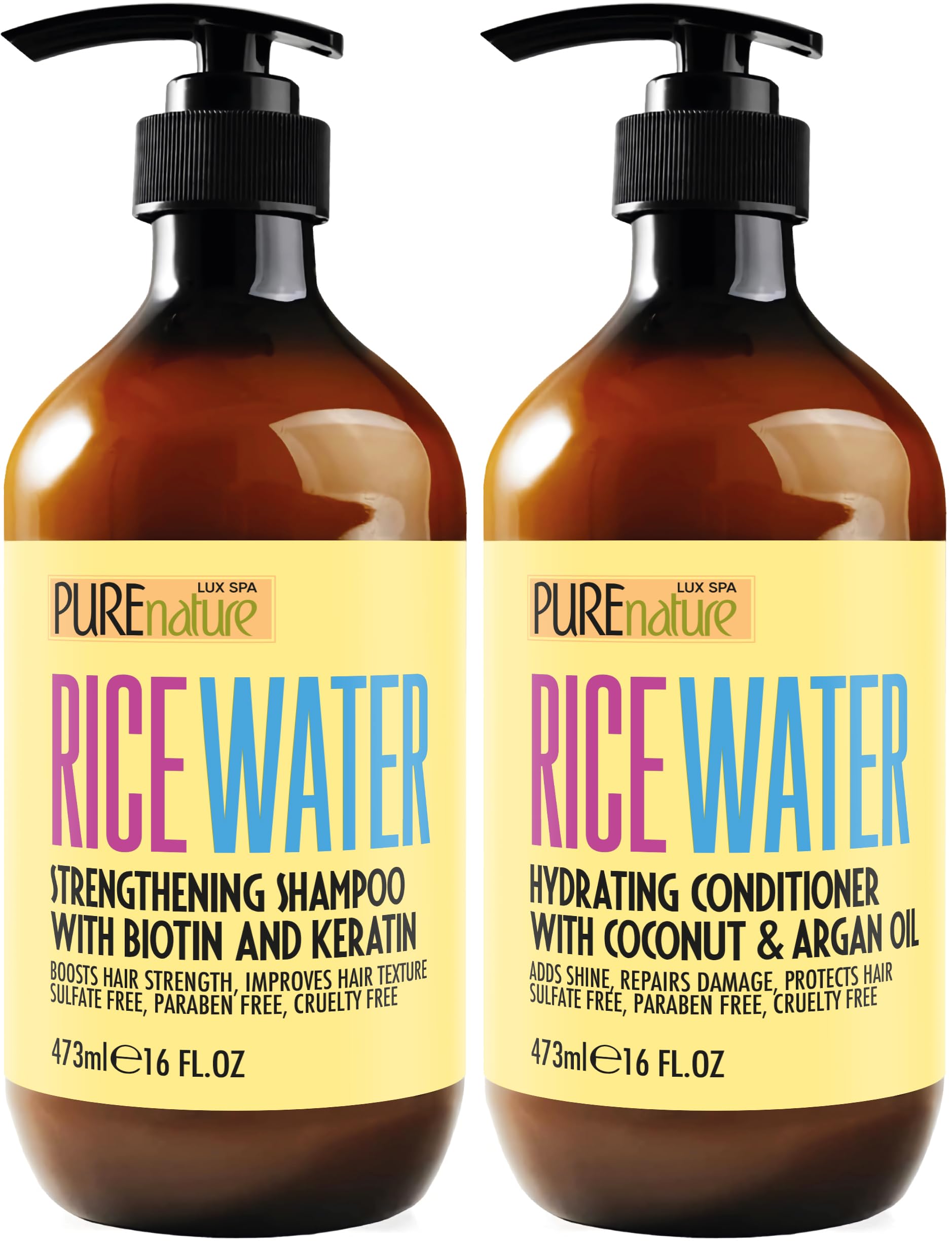 Pure Nature Lux Spa Rice Water Shampoo bottle showing sulfate-free cleansing for fine hair