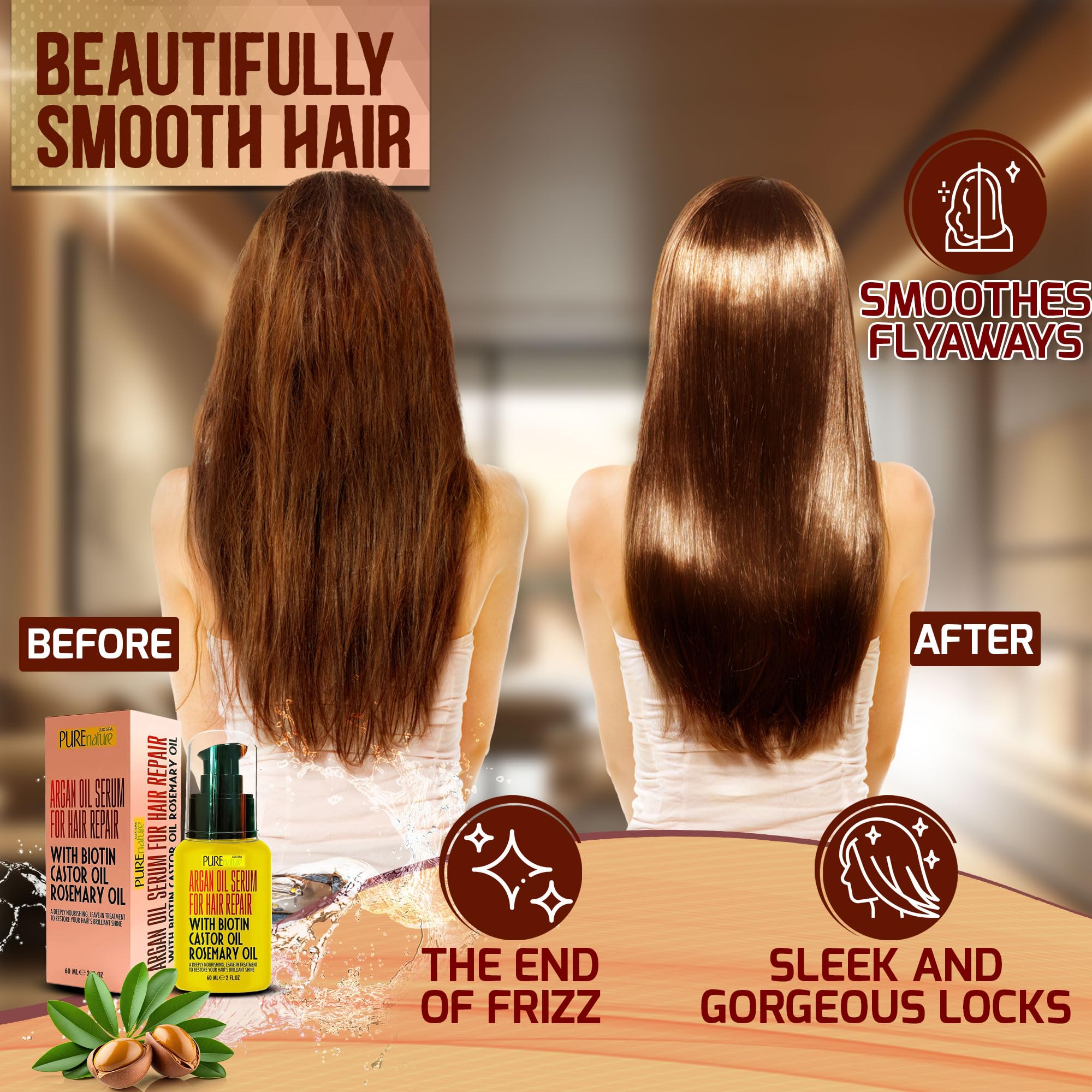 Con aceite de argán marroquí, el suero aporta brillo intenso y sedosidad al cabello.