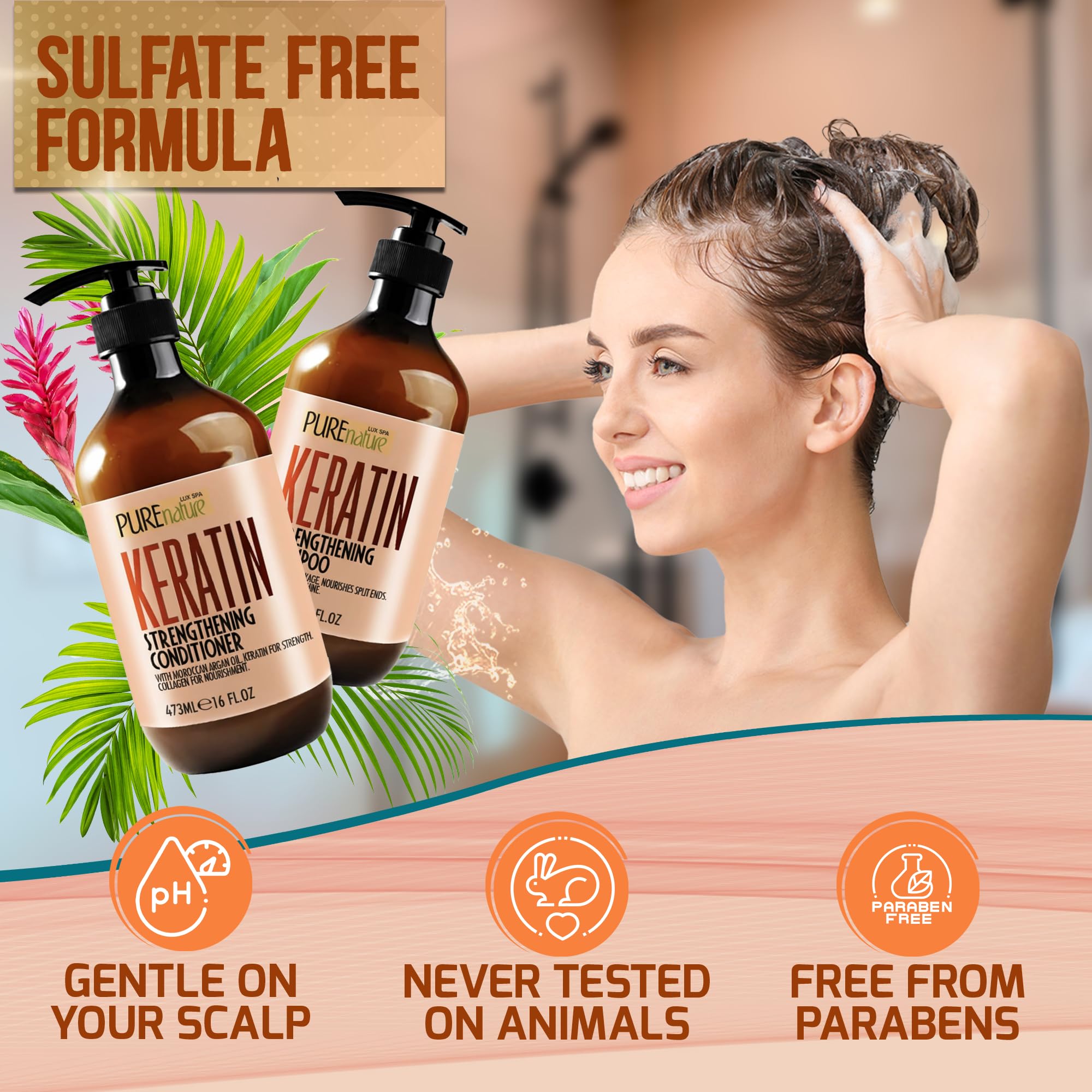 Sulfate-free label close-up on Pure Nature Lux Spa bottle, gentle cleansing.