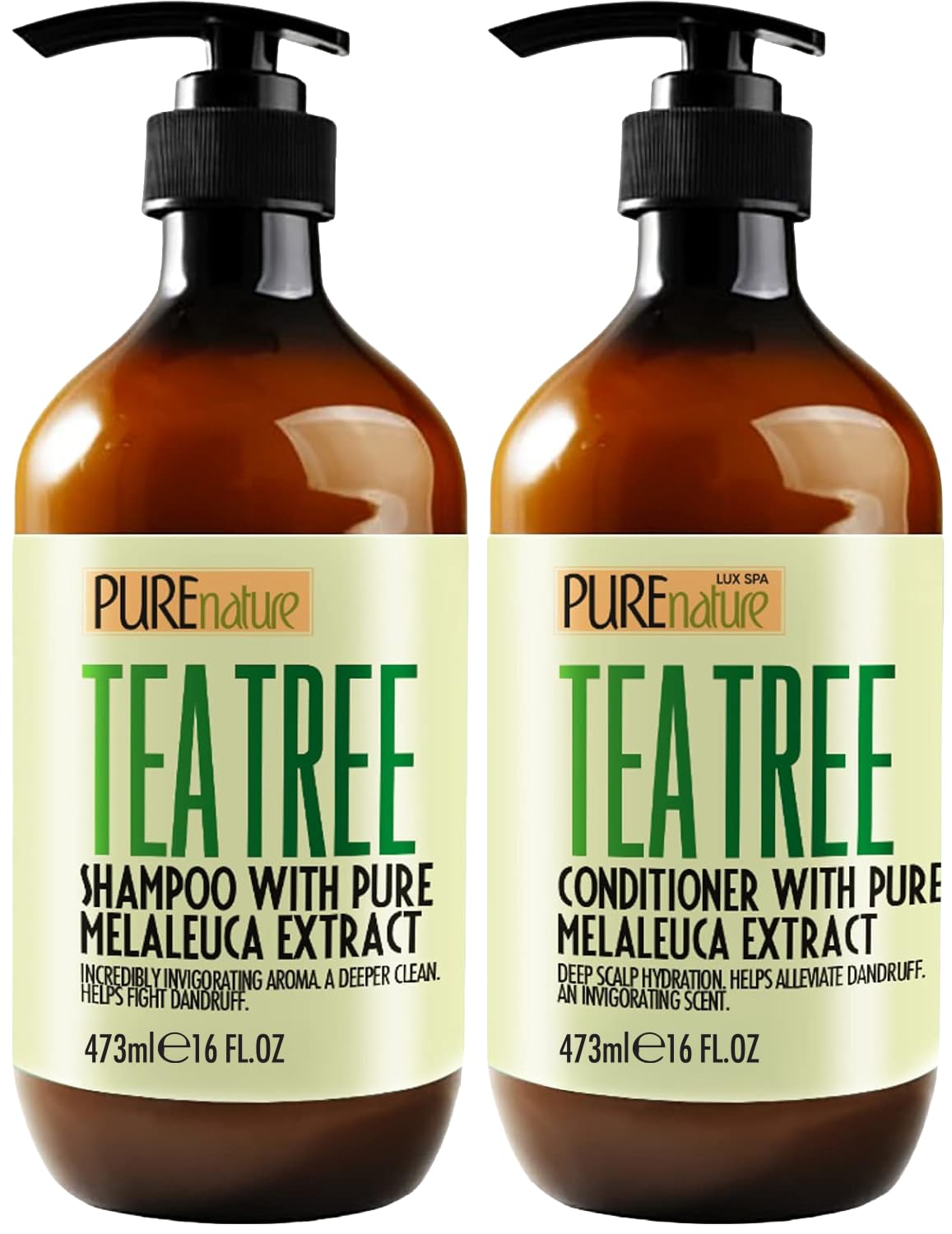 Pure Nature Lux Spa tea tree shampoo bottle on shelf soothes scalp and reduces flakes.