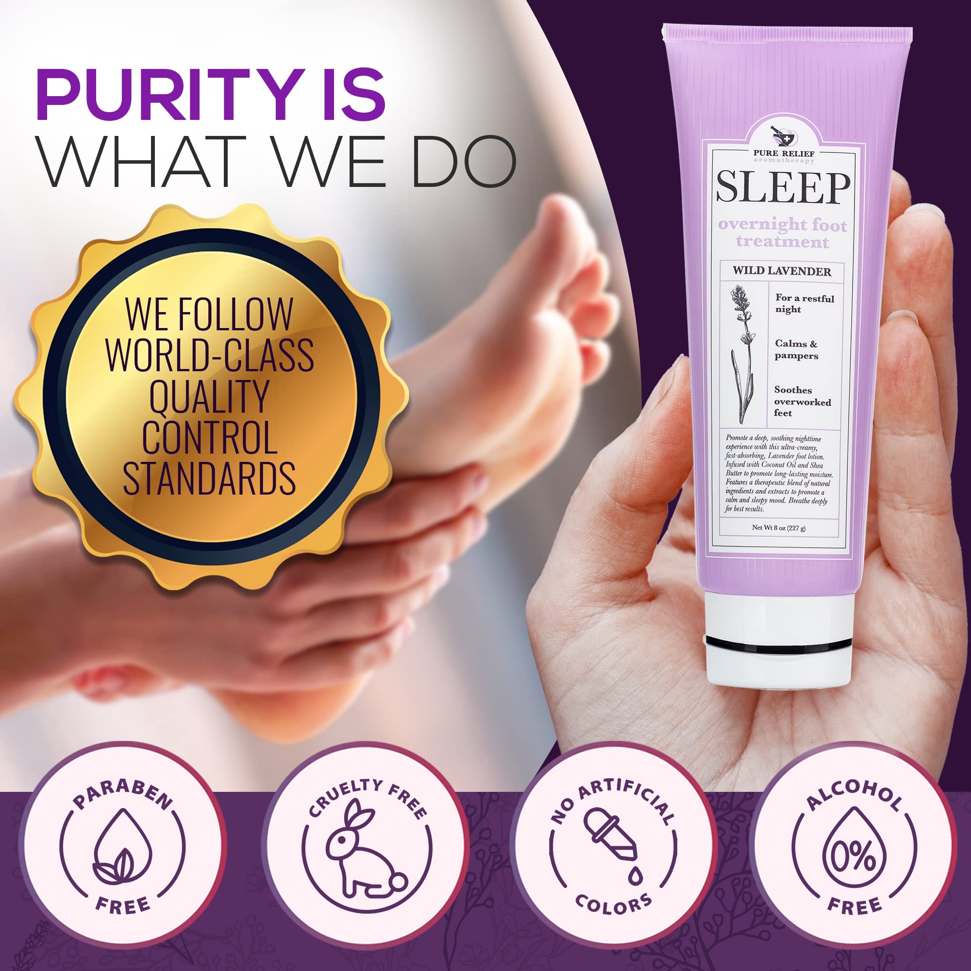 Pure Relief foot care setup on nightstand beside towel and chamomile.