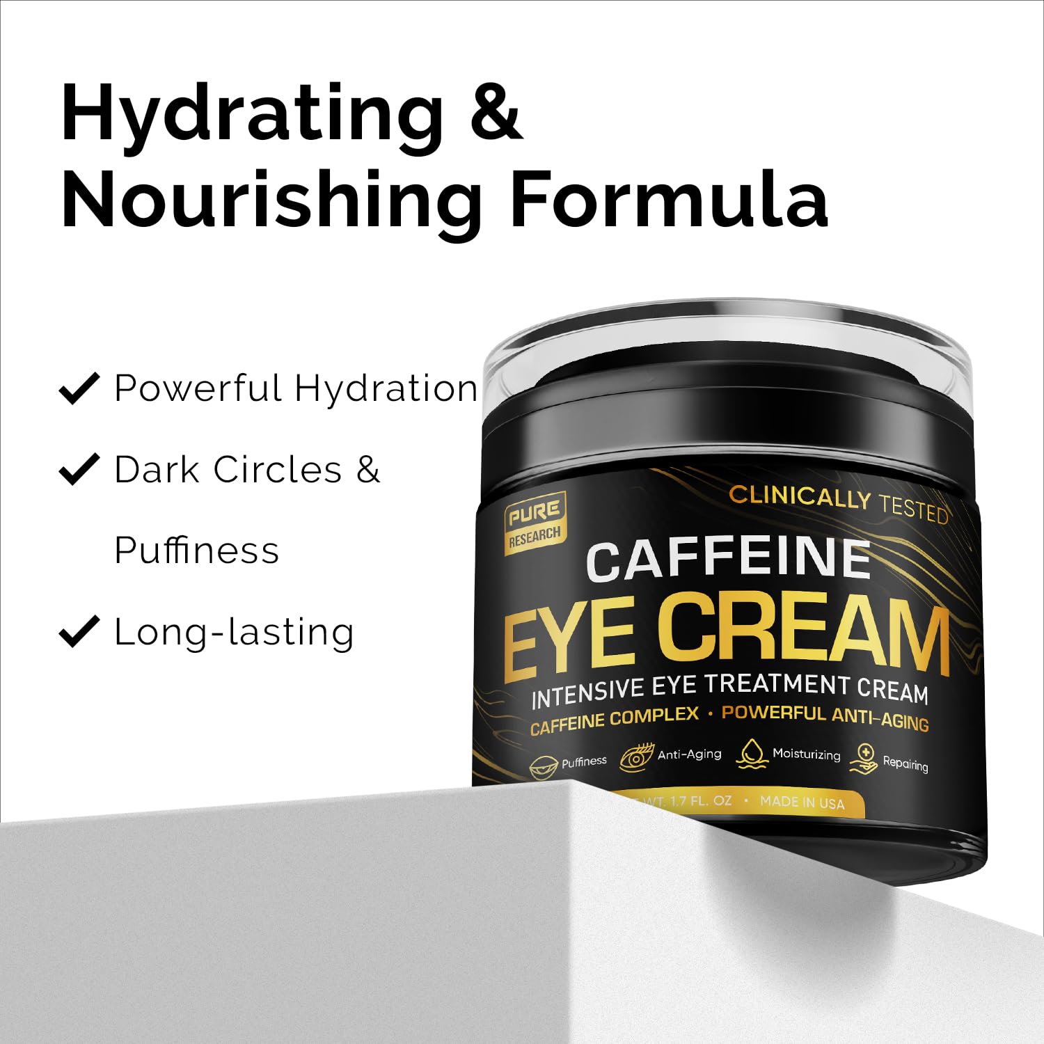 Pure Research crema-ojos-textura-ligera: absorción rápida sin residuos.