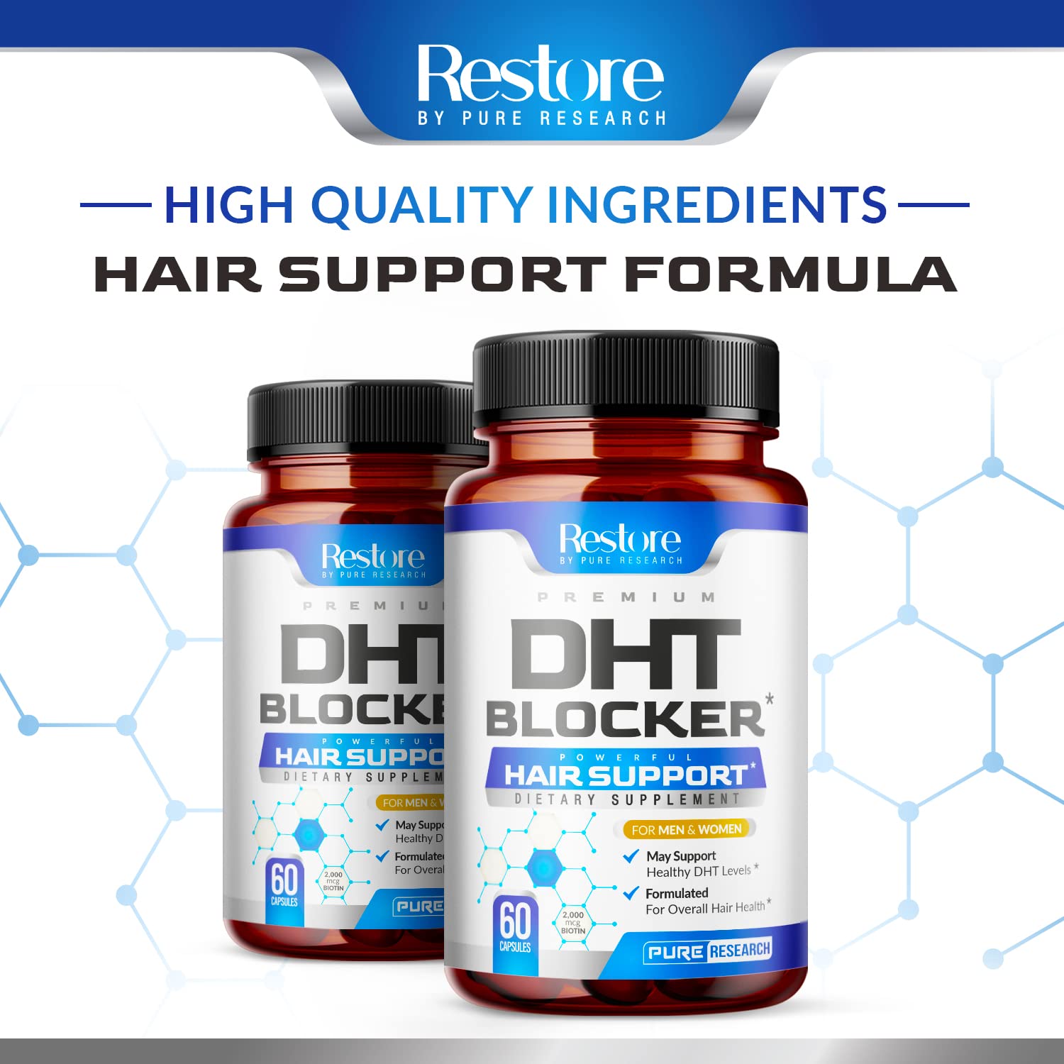 Pure Research DHT Blocker ingredients list on packaging for informed choice.