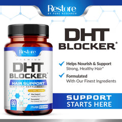 Pure Research DHT Blocker label close-up highlighting key hair-benefiting ingredients.
