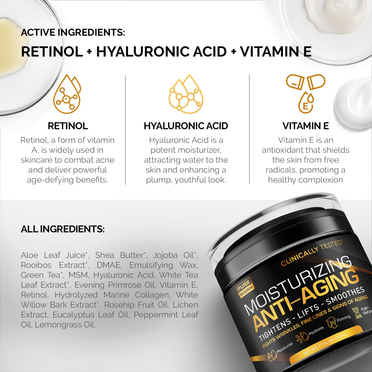 Pure Research men's face cream label detail highlights premium ingredients.