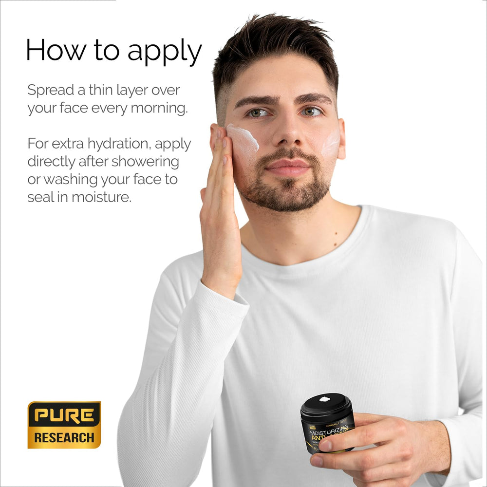Pure Research men's face cream texture swirl demonstrating lightweight moisture.