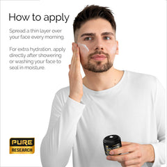 Pure Research men's face cream texture swirl demonstrating lightweight moisture.