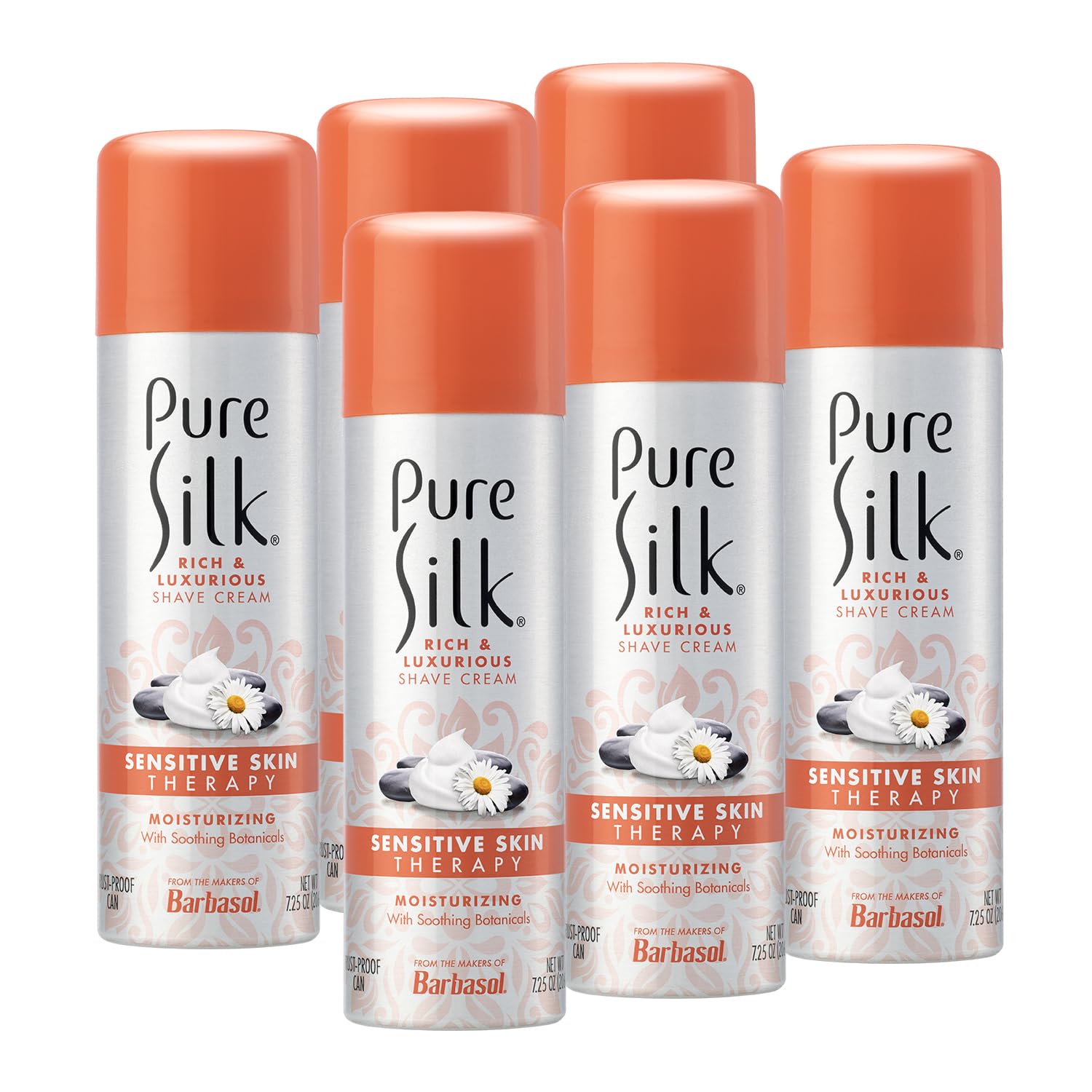 Pure Silk shave cream bottle pour shows a smooth glide for sensitive skin.