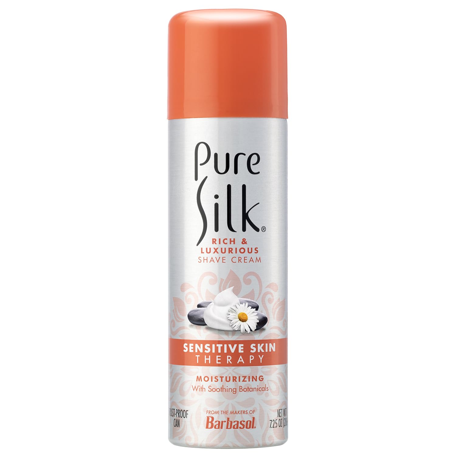 Pure Silk sensitive skin shave cream packaging box highlights gentle, everyday-use formula.