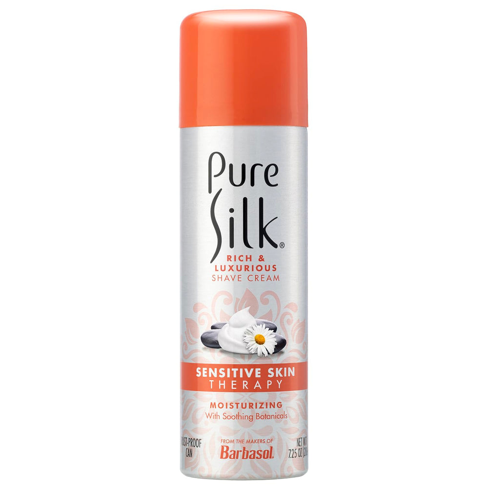 Pure Silk sensitive skin shave cream packaging box highlights gentle, everyday-use formula.