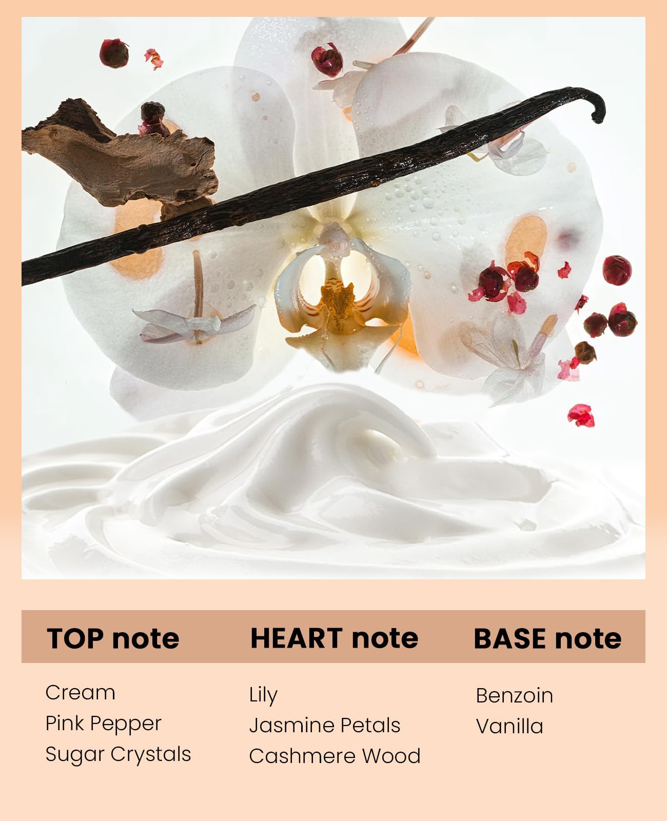 PUREAMOR Vanilla Cream label detail signals premium ingredients and refined fragrance.