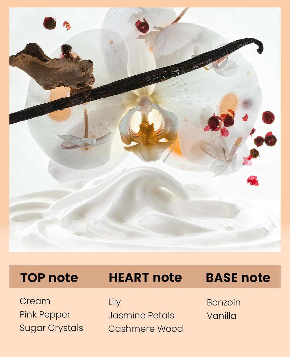 PUREAMOR Vanilla Cream label detail signals premium ingredients and refined fragrance.