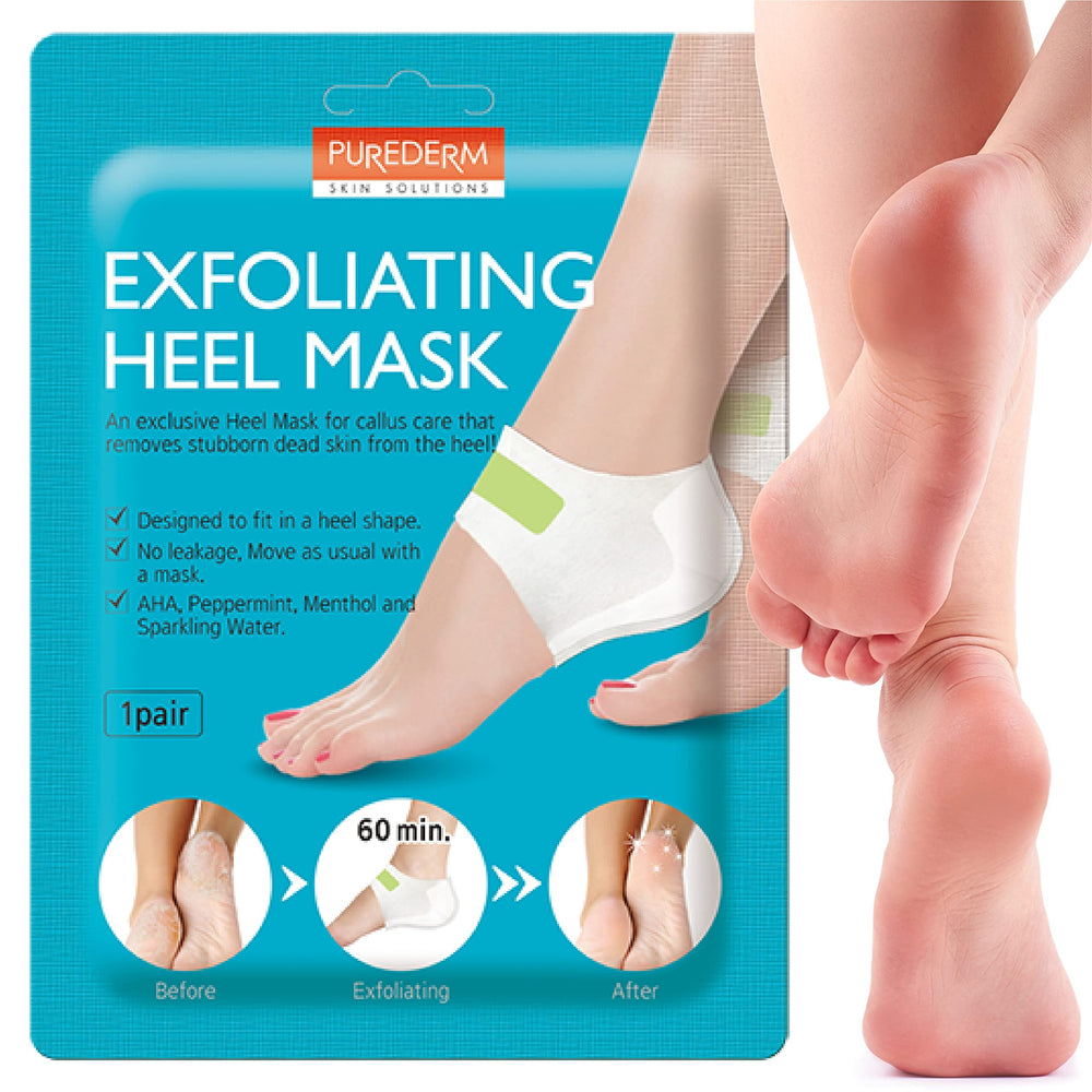 Purederm Exfoliating Heel Mask packaging shows vegan formula suited for sensitive skin.