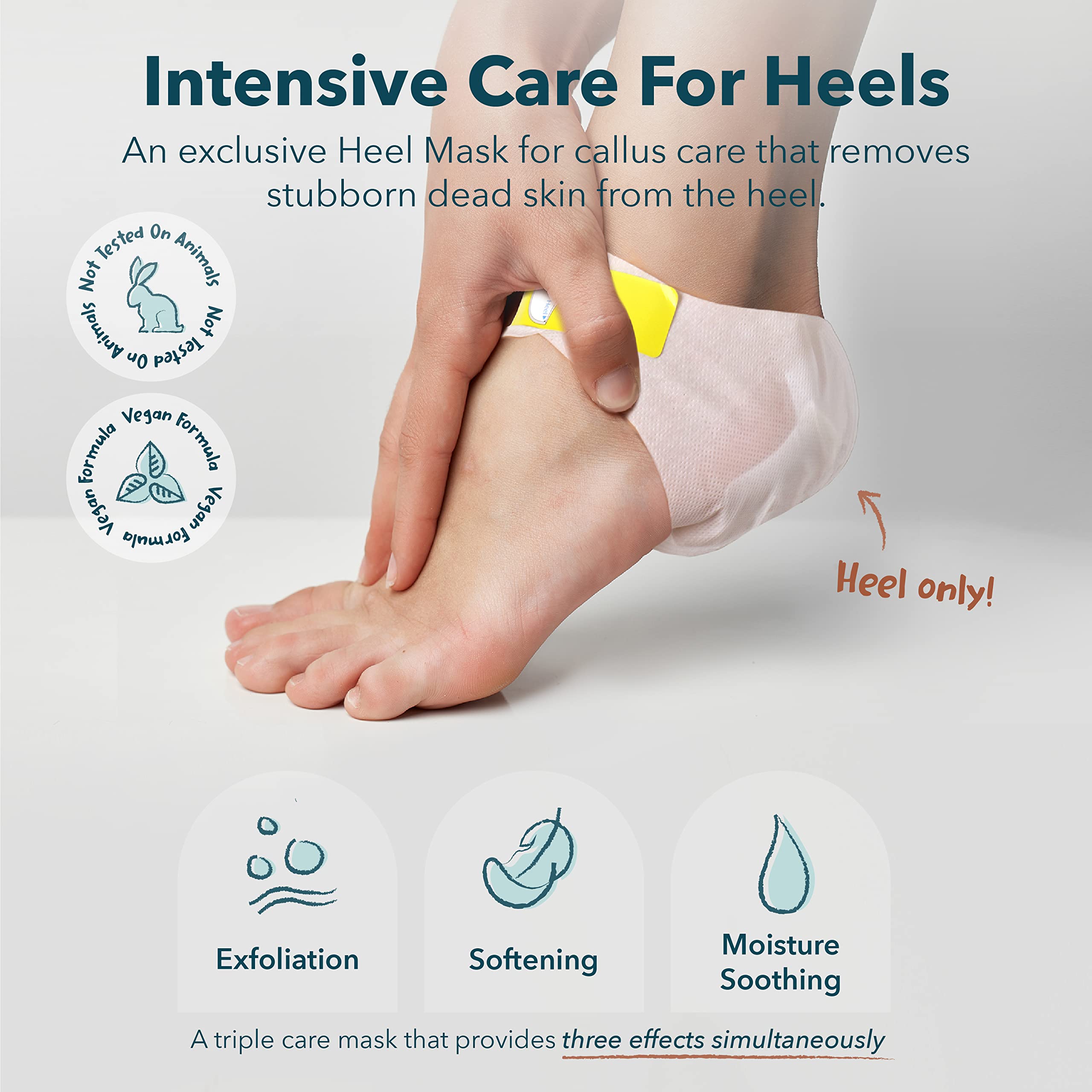 Purederm Exfoliating Heel Mask worn on foot for at home spa treatment.