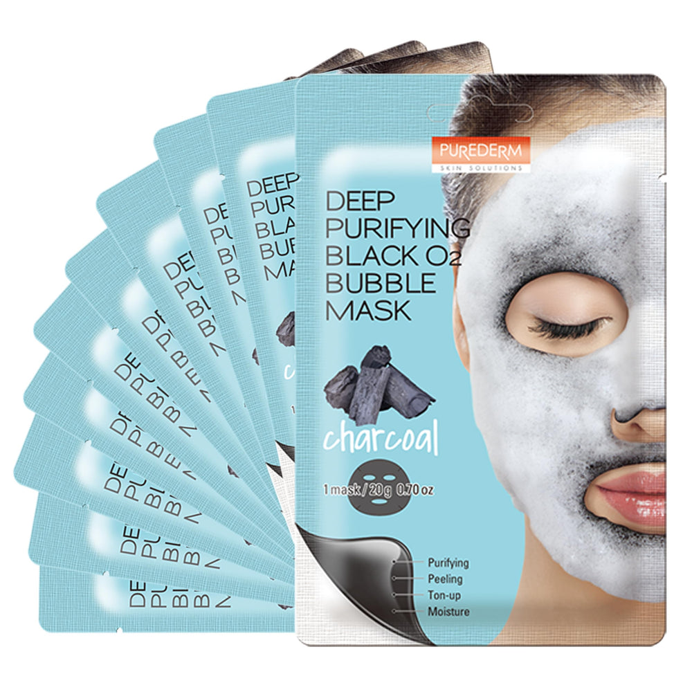 Purederm mascarilla burbujeante de carbón O2 frente: purifica poros y refresca la piel.