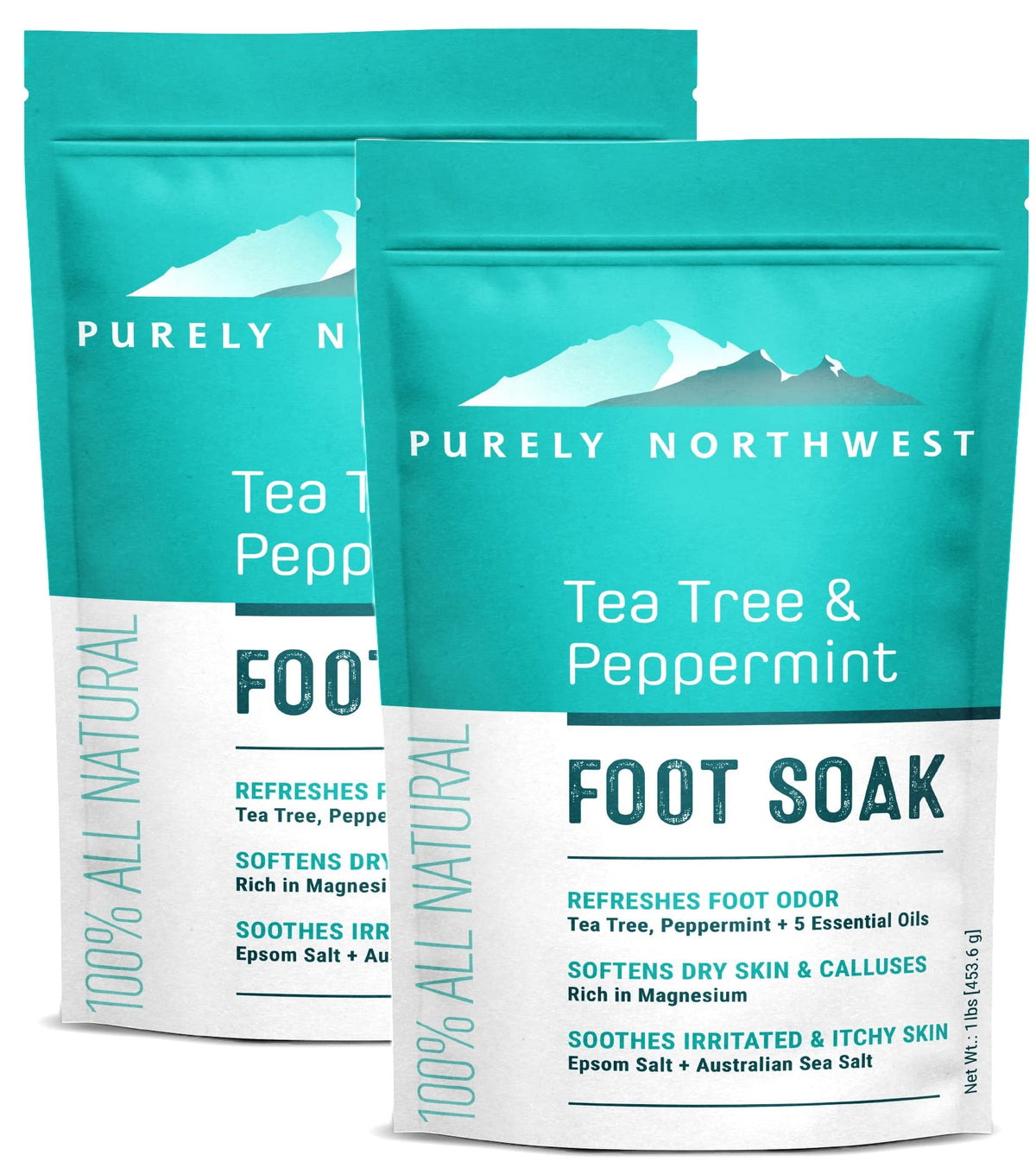 Purely Northwest epsom salt tea tree bottle pour for soothing foot care.