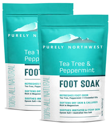 Purely Northwest epsom salt tea tree bottle pour for soothing foot care.