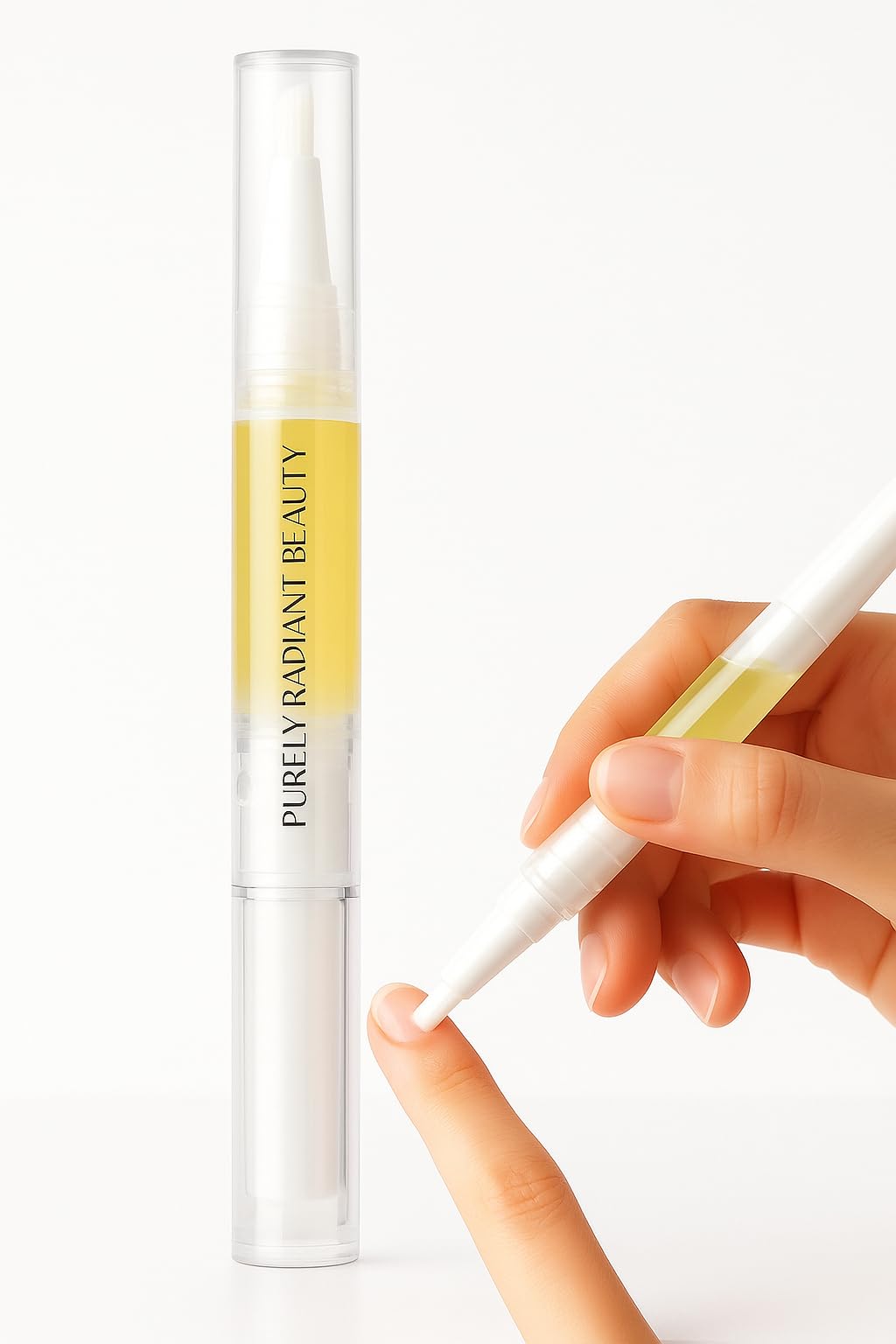 Aceite Purely Radiant para crecimiento de uñas en botella.