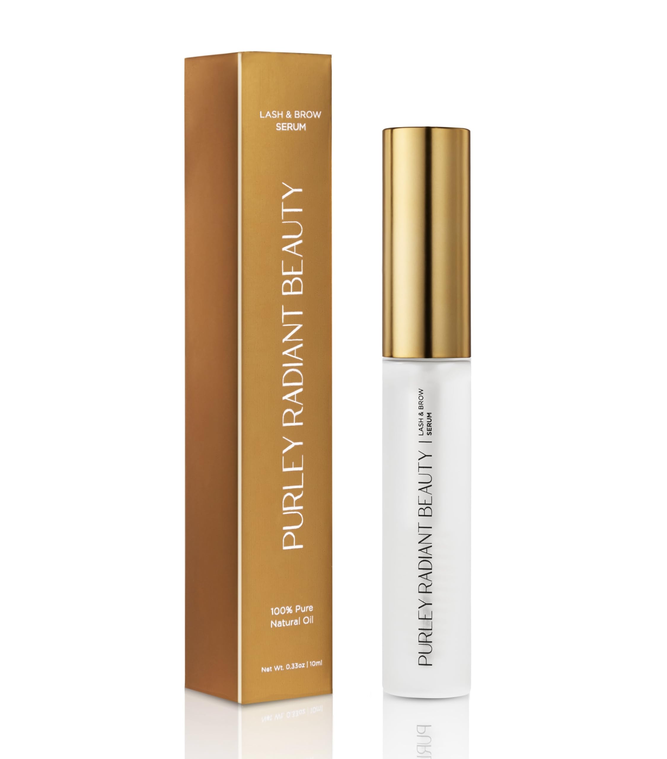 Purely Radiant serum para pestanias, botella-vertido, cuidado suave para ojos sensibles.