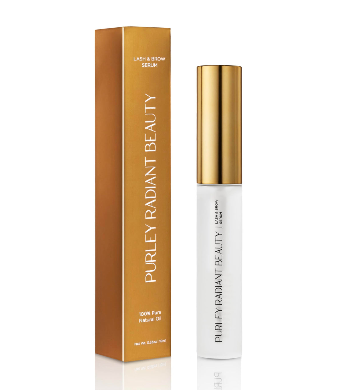 Purely Radiant serum para pestanias, botella-vertido, cuidado suave para ojos sensibles.