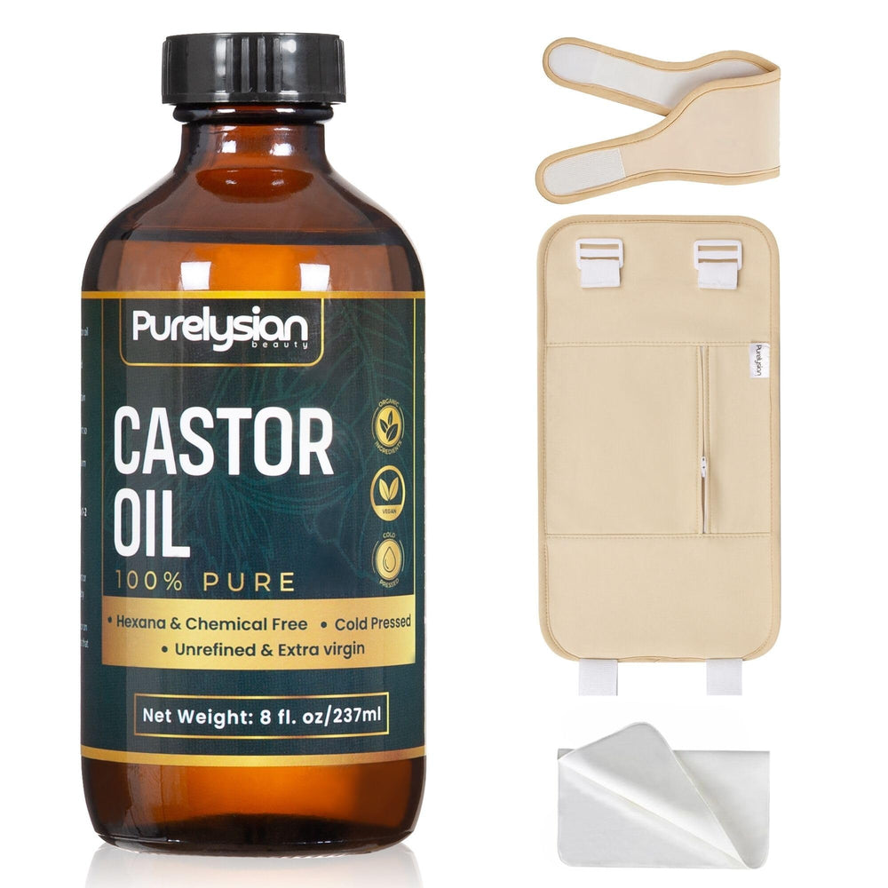 Purelysian Beauty botella de aceite de ricino orgánico de 237 ml para desintoxicación suave.