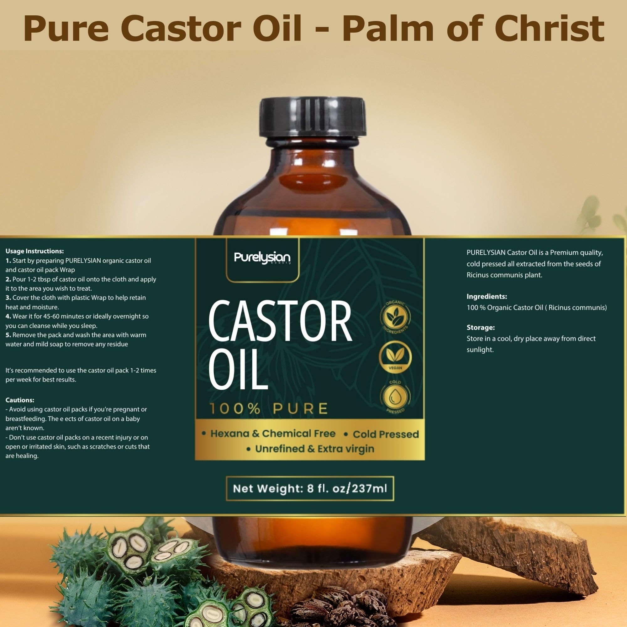 Purelysian Beauty botella de cristal para conservar aceite de ricino orgánico sin plástico.
