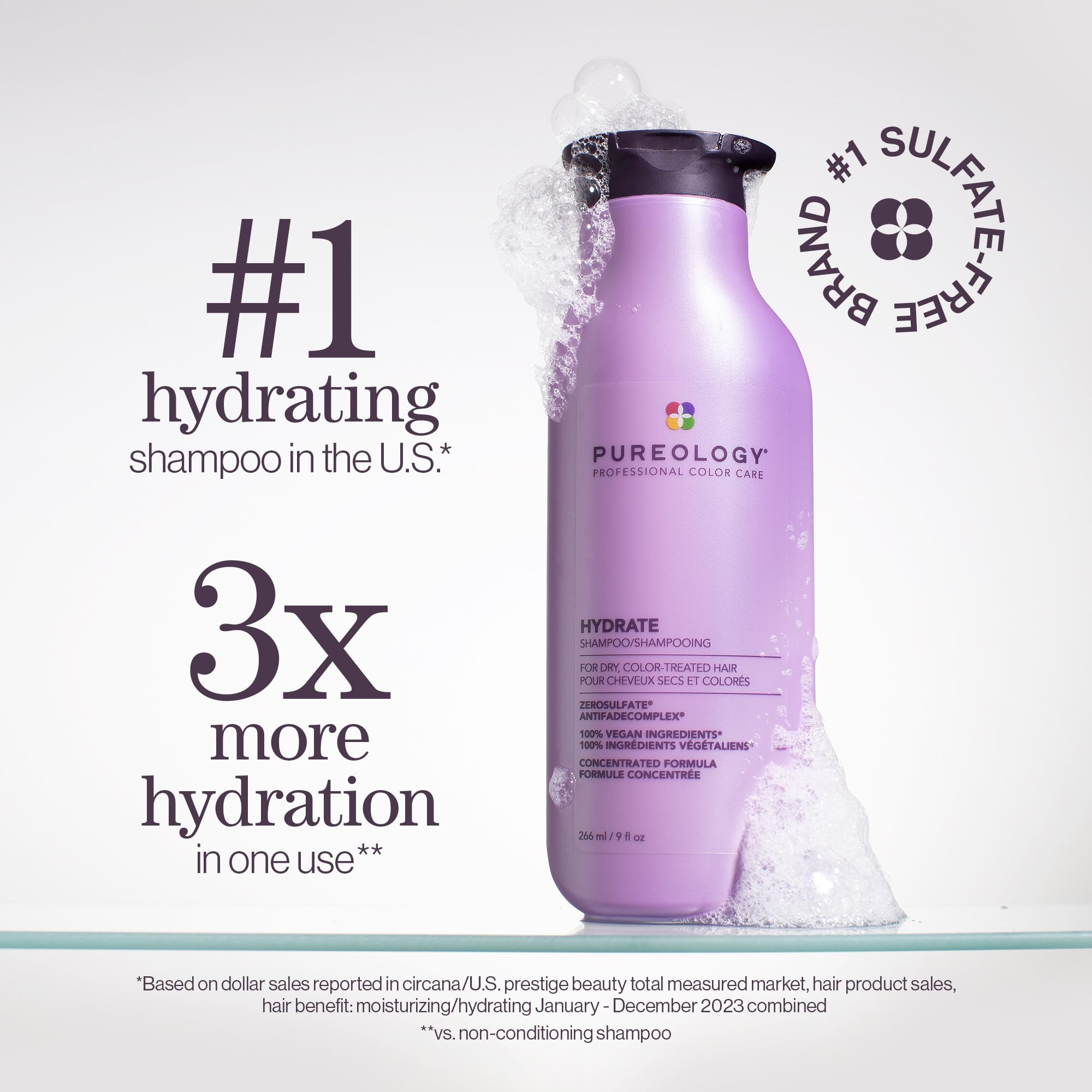 Pureology Hydrate champú con extracto de rosa, detalle que sugiere suavidad.