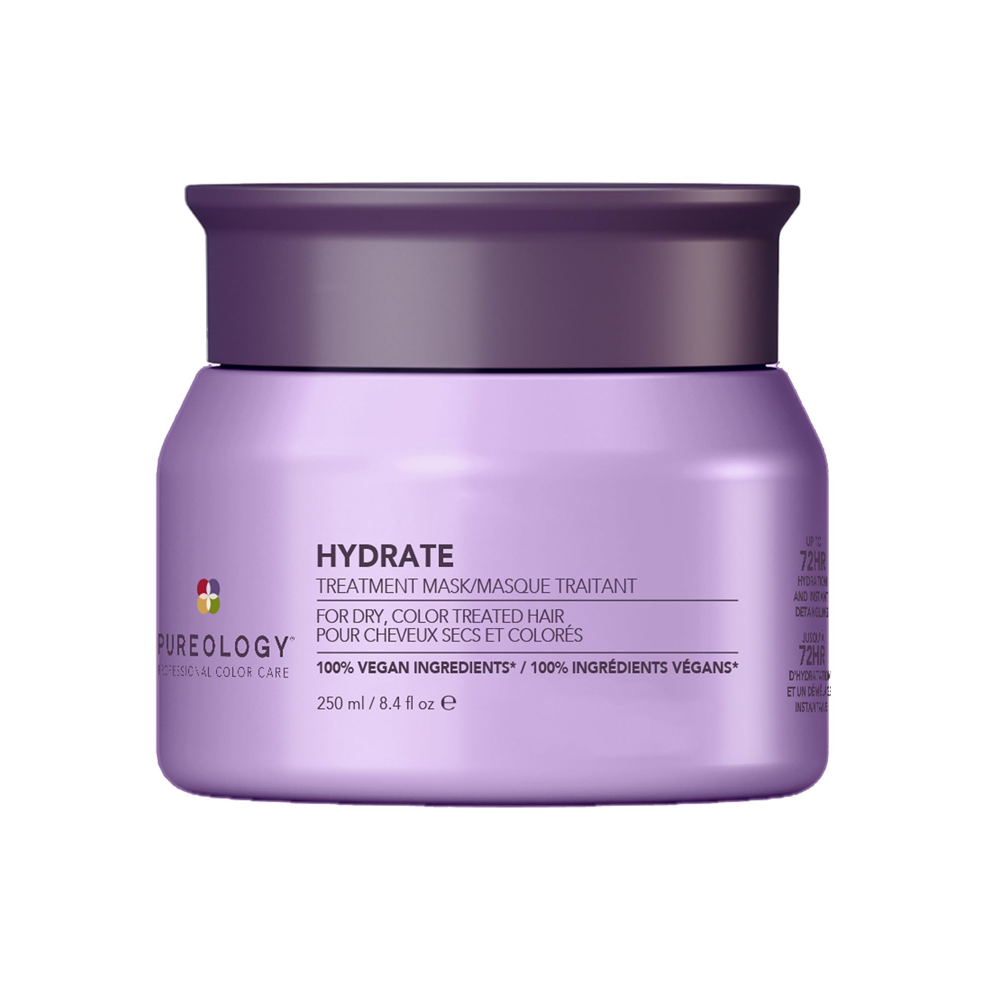Pureology Hydrate mask bottle closeup shows deep conditioning and color protection.