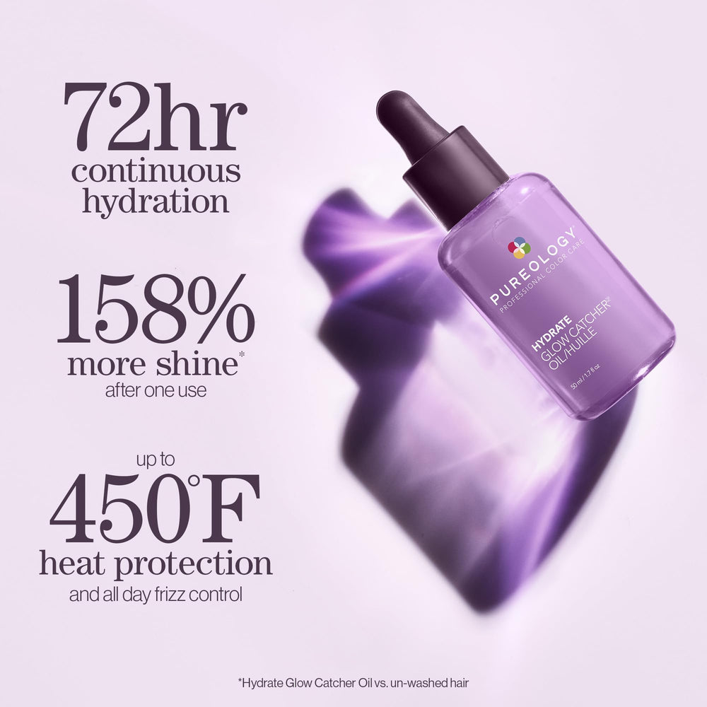 Pureology Hydrate Glow Catcher Oil on damp hair emphasizing frizz control before styling.