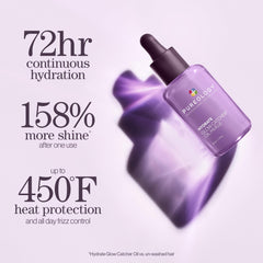 Pureology Hydrate Glow Catcher Oil on damp hair emphasizing frizz control before styling.
