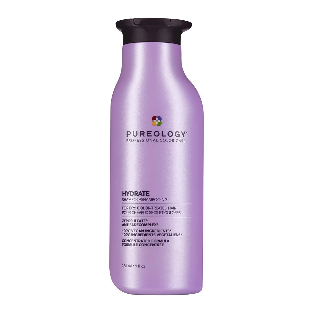 Pureology Hydrate Shampoo bottle shows sulfate-free formula for color-treated hair