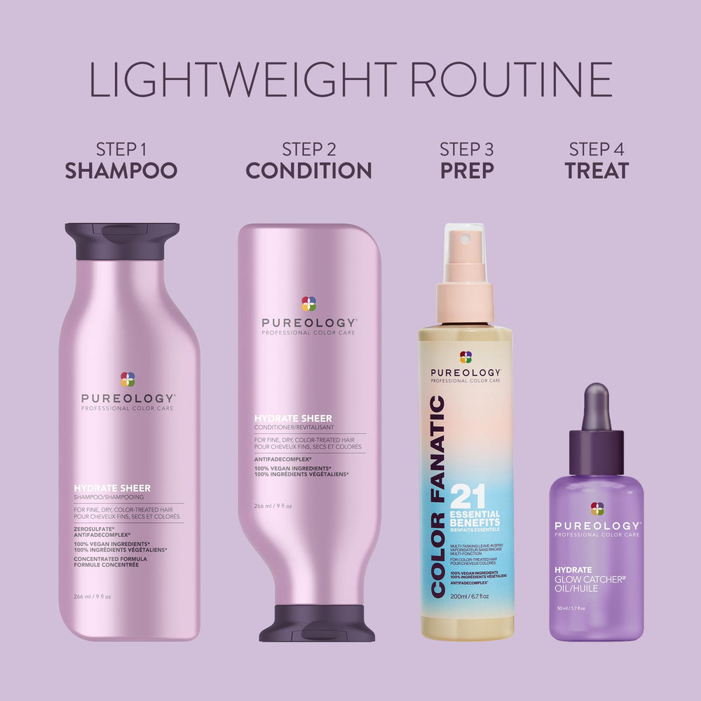 Pureology Hydrate Sheer bottle highlights weightless nourishment for fine, dry hair.