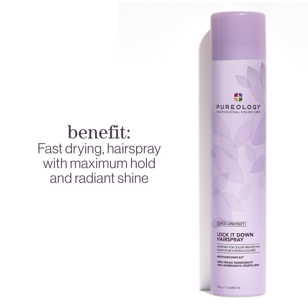 Pureology Lock It Down hairspray mist delivers all-day maximum hold with brushable finish